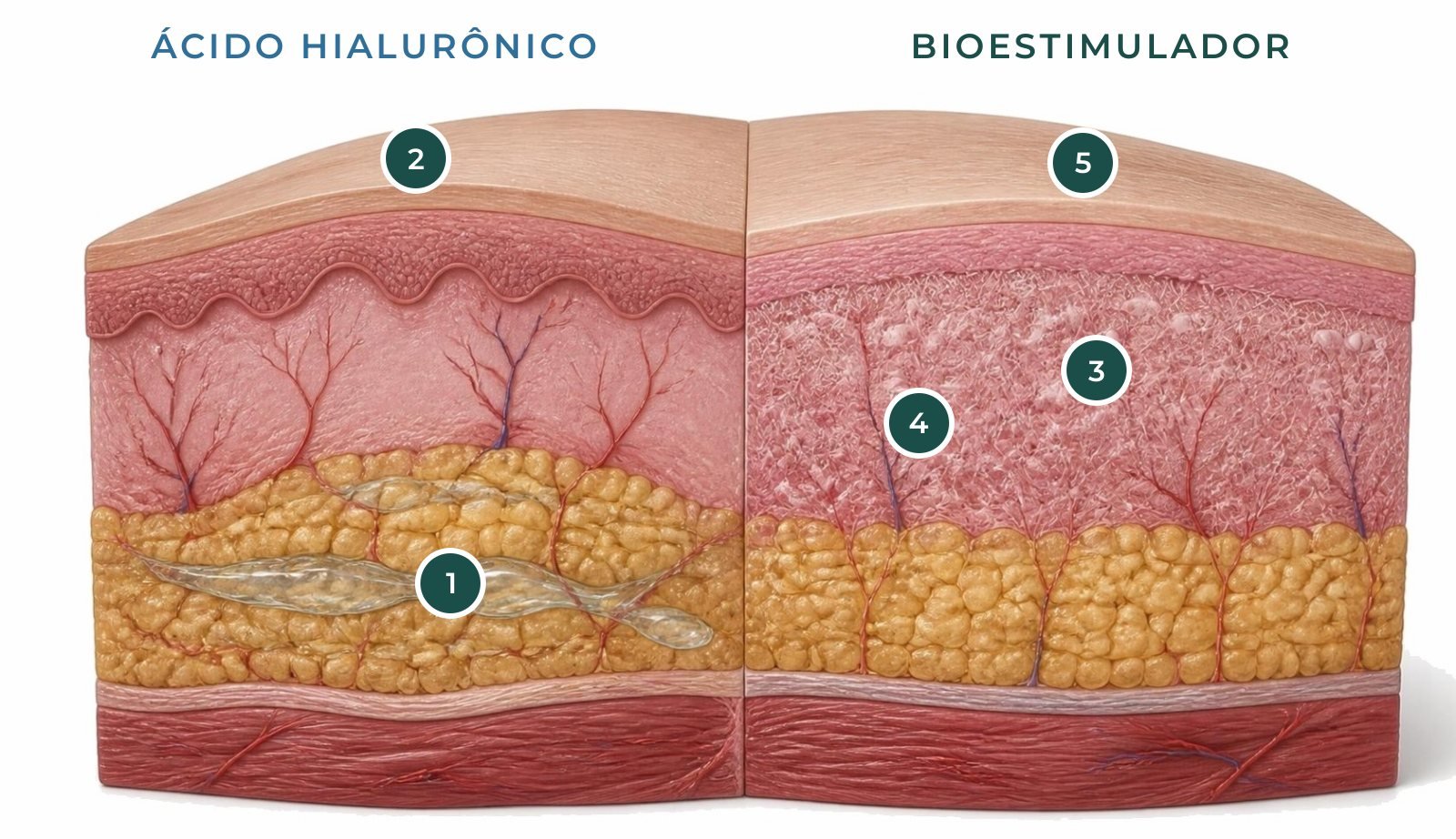Ilustração em corte da pele com pinos numerados comparando o preenchimento com ácido hialurônico e o bioestimulador de colágeno