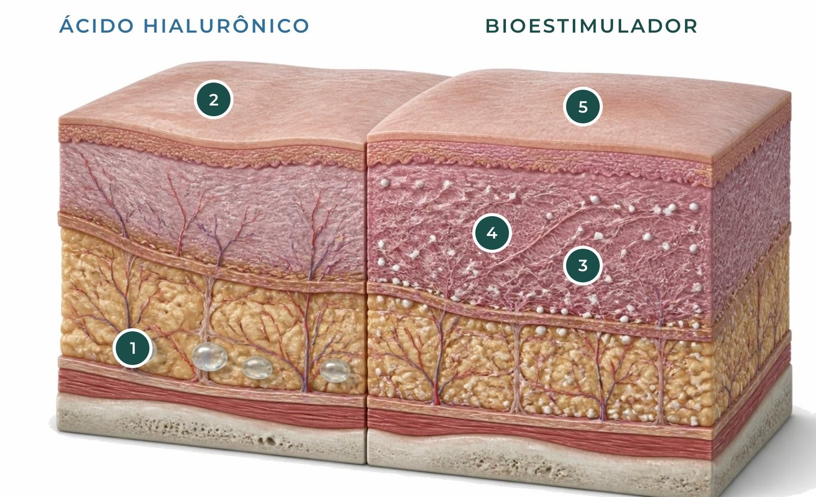 Ilustração em corte da pele do rosto comparando o gel de ácido hialurônico em plano profundo e as partículas de bioestimulador com colágeno novo