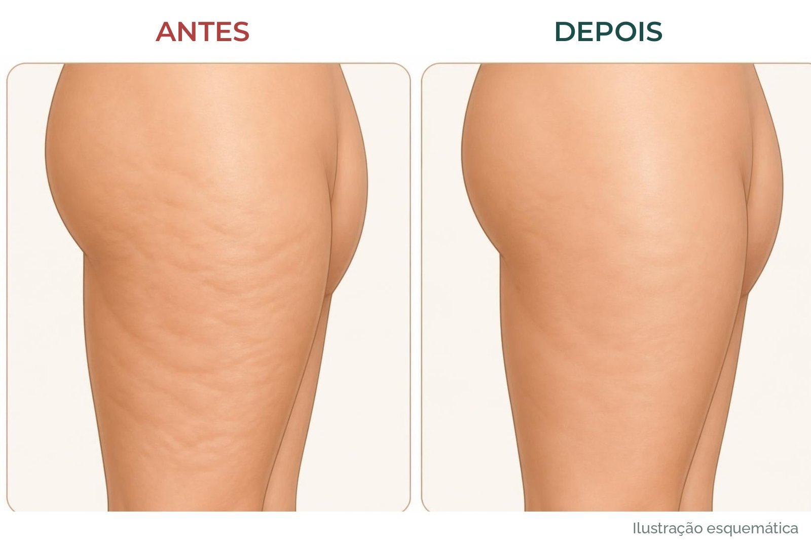Ilustração esquemática de antes e depois da celulite na parte de trás da coxa: covinhas marcadas antes e menos marcadas depois
