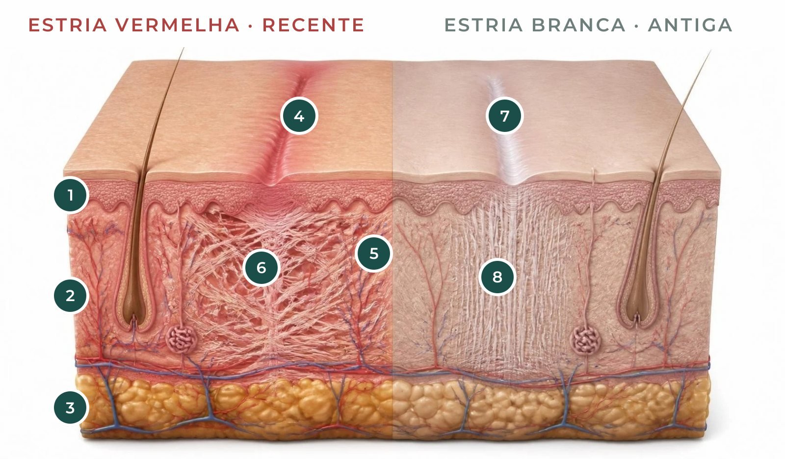 Ilustração em corte da pele com pinos numerados: na estria vermelha, vasos dilatados e colágeno rompido; na estria branca, fibras retas de cicatriz