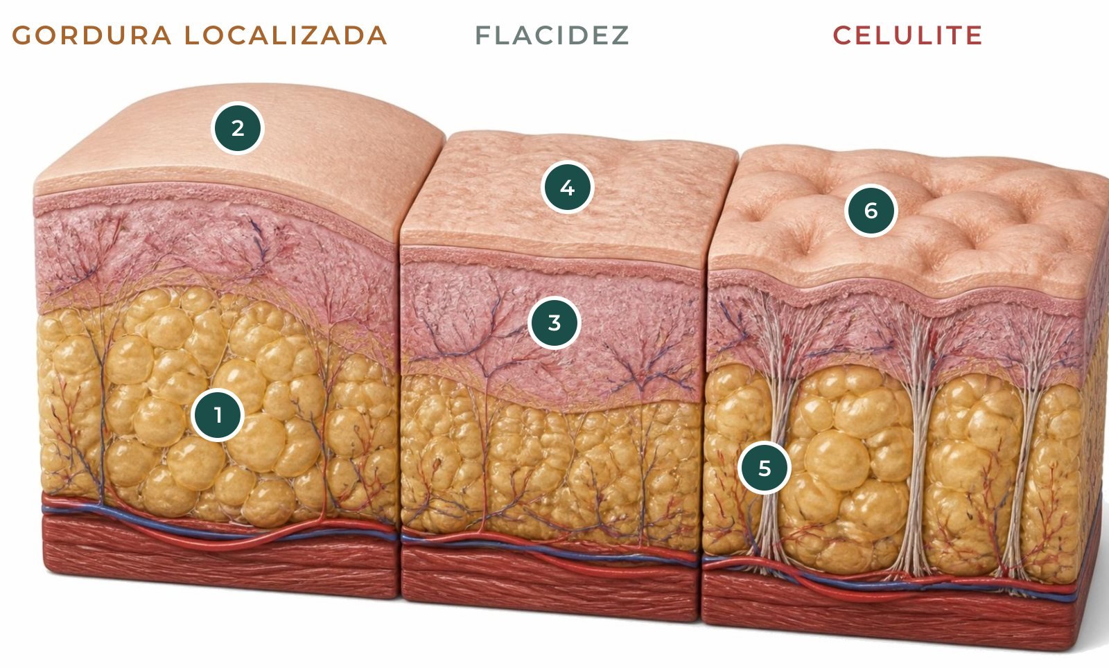 Ilustração em corte da pele com pinos numerados comparando gordura localizada, flacidez e celulite